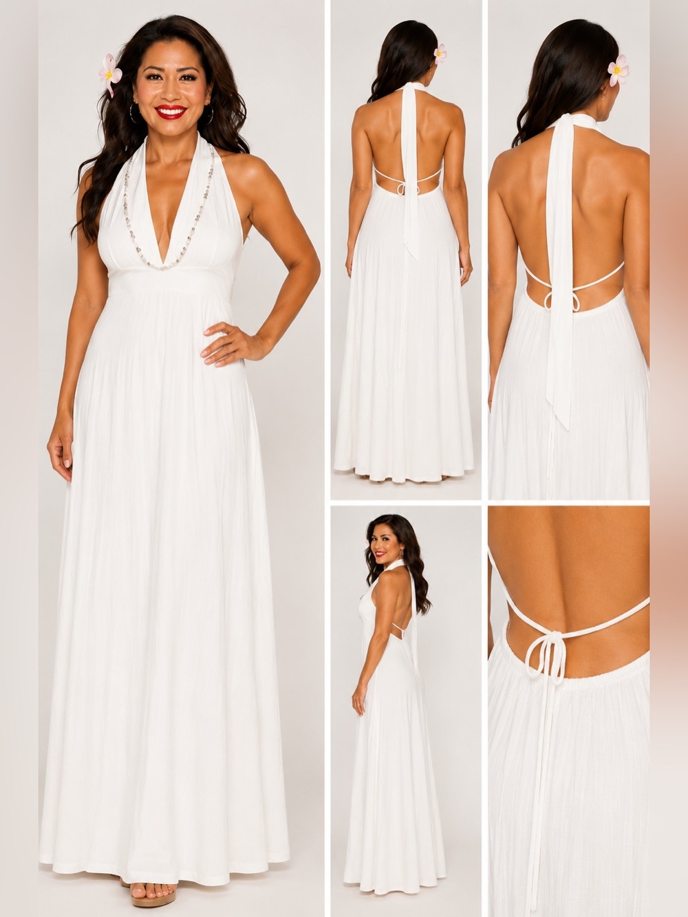 White Halter Maxi Dress with Deep V and Open Back